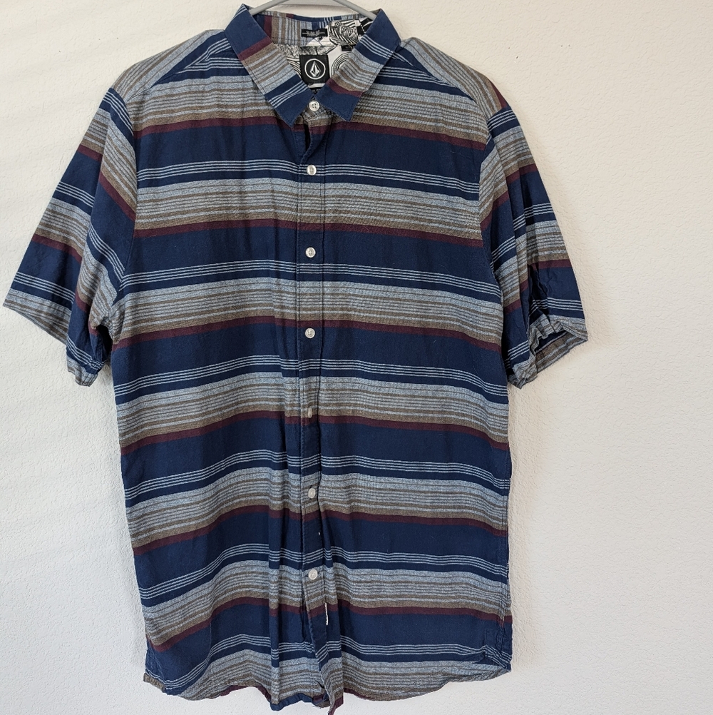 Volcom Men's Striped Blue and Gray Shirt